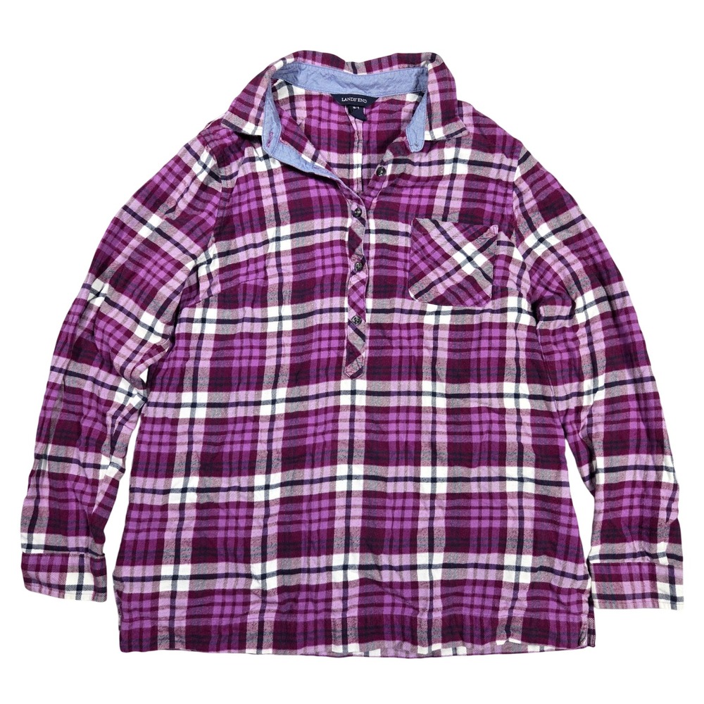 Lands End Womens Purple Plaid Flannel Shirt Long Sleeve Cotton Size 10-12 M/L